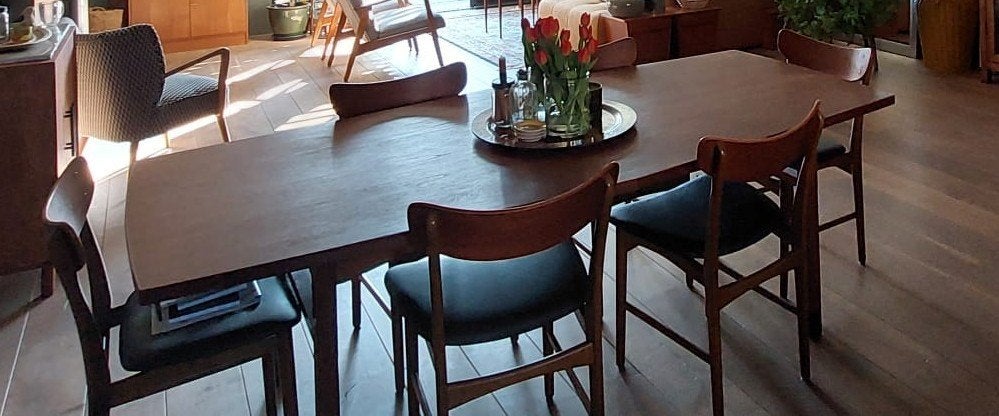 Scandinavisch eettafel 6 persoons, Huis en Inrichting, Ophalen, Gebruikt, Teakhout, 200 cm of meer