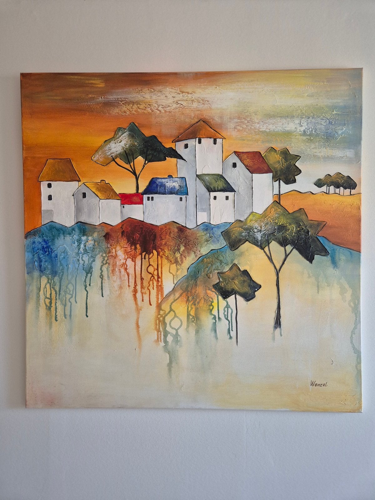 handgeschilderd schilderij 100 x 100 cm – gesigneerd Wenzel, Antiek en Kunst, Ophalen