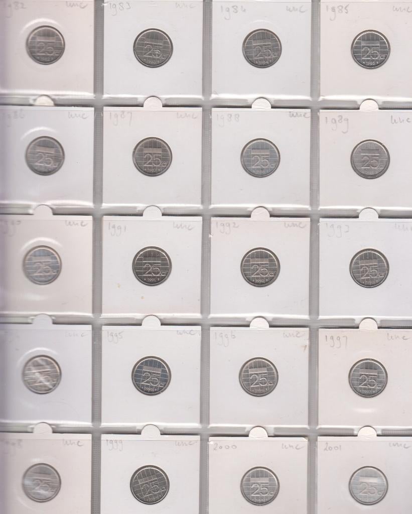 Nederland 25 cent 1982-2001 Beatrix (20 stuks) compleet UNC, Ophalen of Verzenden, Koningin Beatrix, 25 cent, Setje