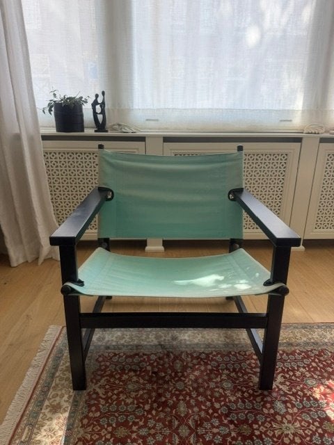 Vintage Safari Chair Hyllinge Møbler Denmark 1970 Fauteuil, Ophalen, Hout, Gebruikt, Blauw