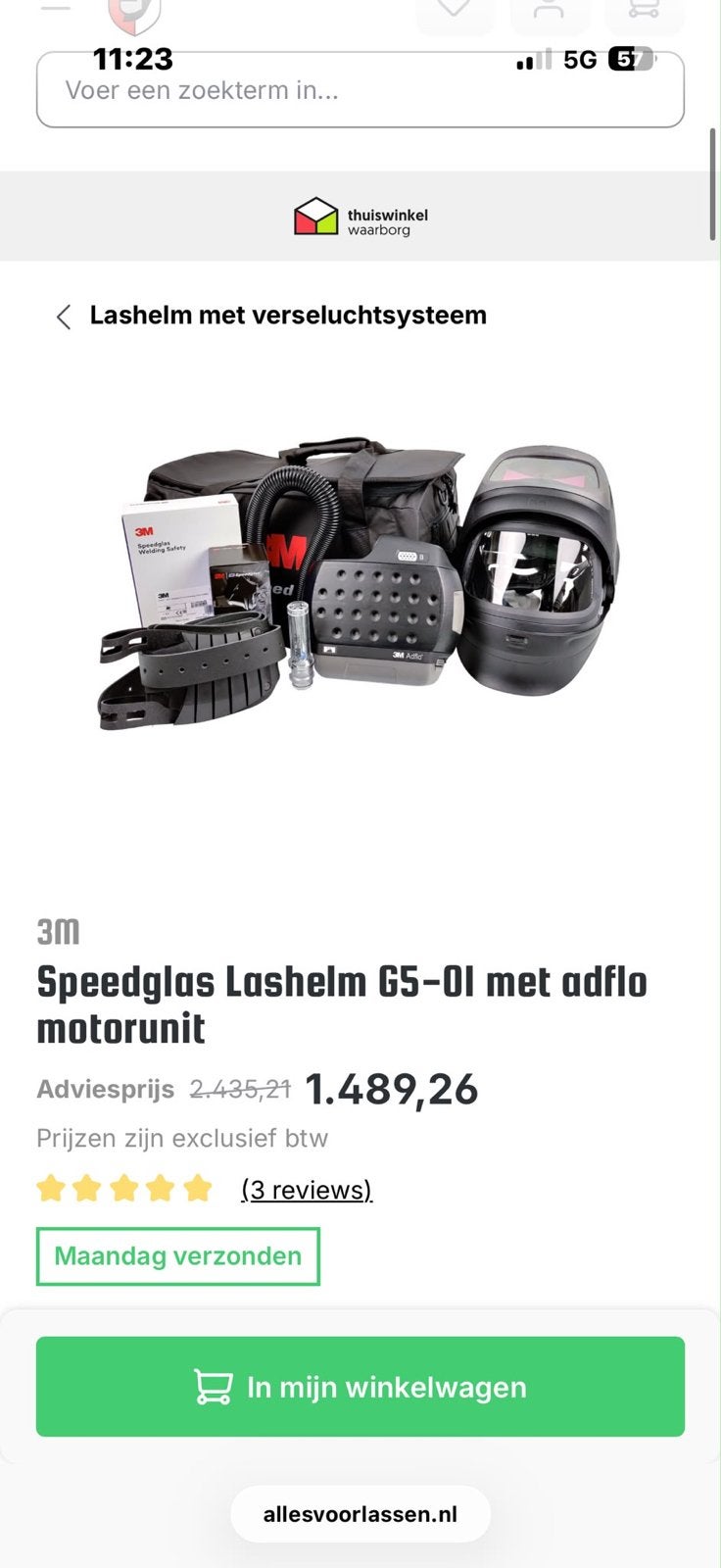 3M Speedglas Lashelm G5-01 met Adflo motorunit, Lasfilter, Ophalen of Verzenden, Zo goed als nieuw
