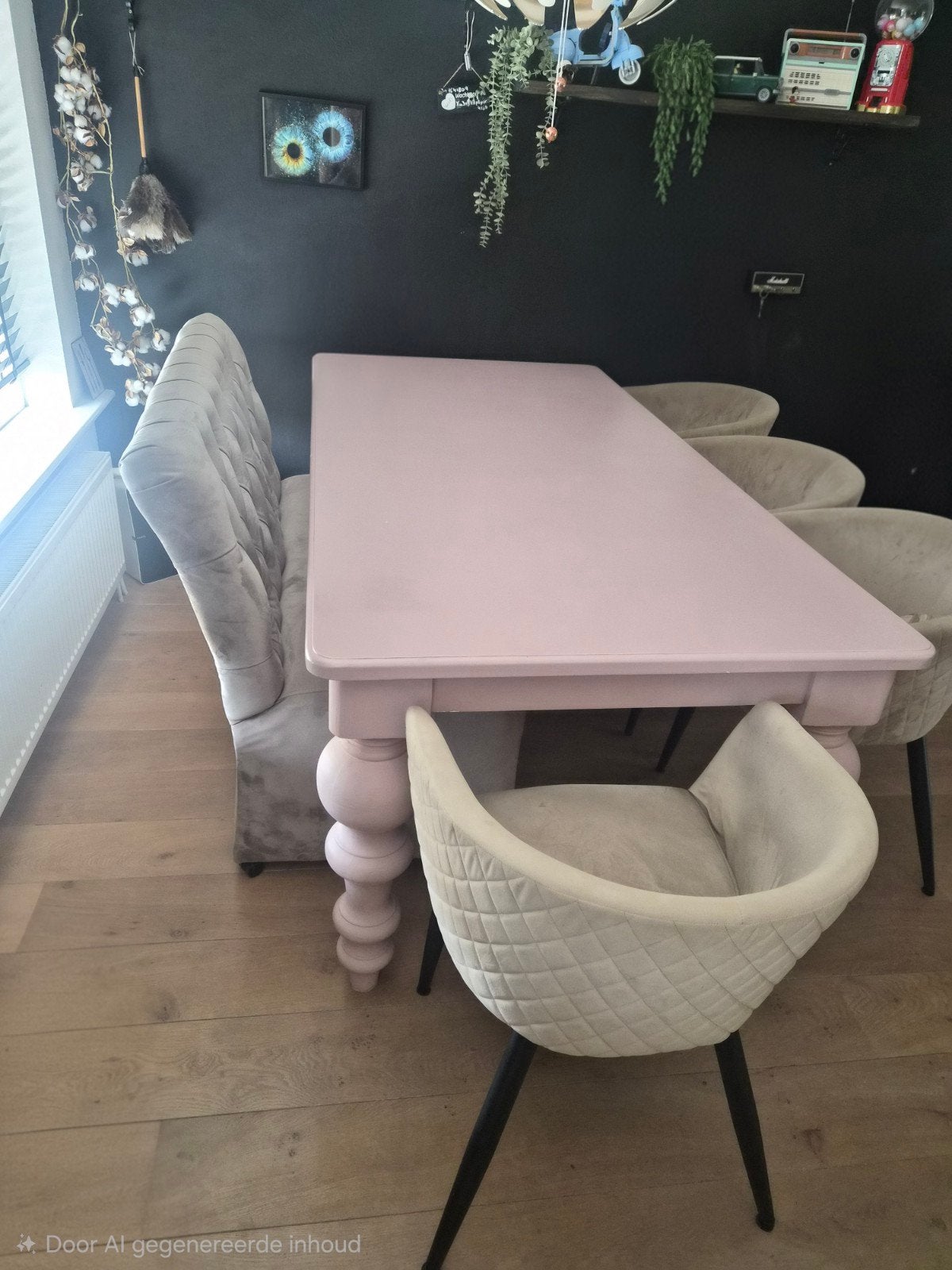 Roze eettafel met bolpoten, Huis en Inrichting, Ophalen, 50 tot 100 cm, Vijf personen of meer, Eikenhout
