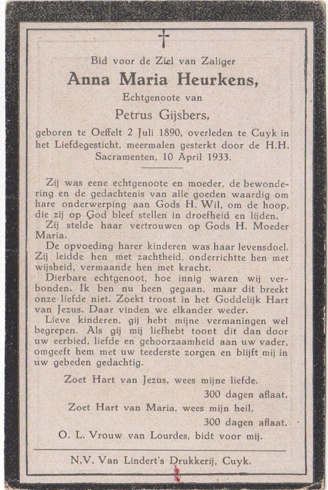 Anna Marie Heurkens 1890 Oeffelt + 1933 Cuyk, 42 jaar oud, Verzamelen, Bidprentjes en Rouwkaarten, Verzenden
