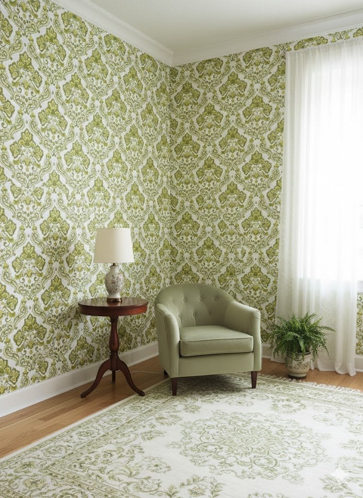 14218 groen barok behang met creme achtergrond swiet, Verzenden, Minder dan 10 m², Groen