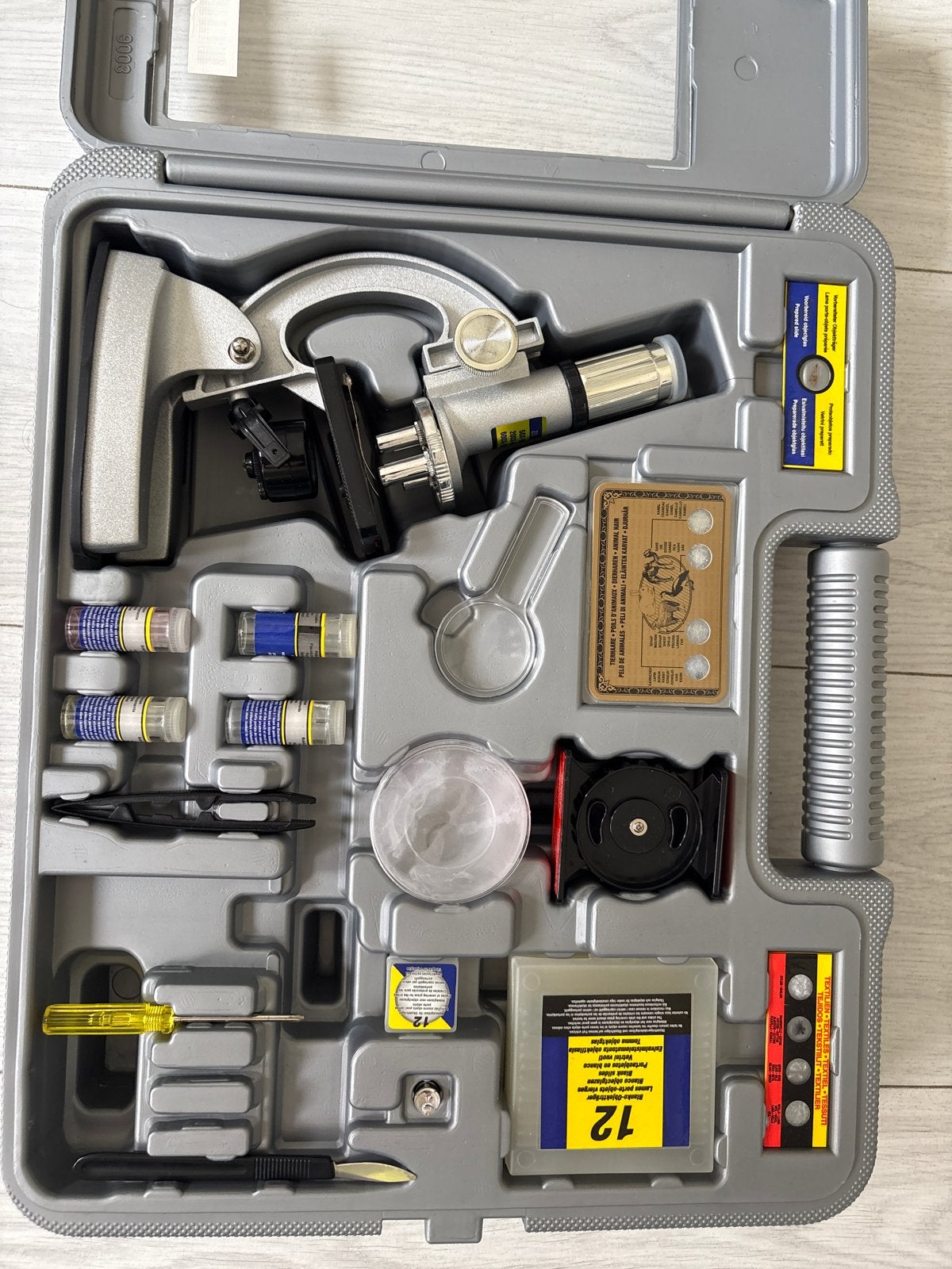 Microscoop met voorbereide glaasjes, Audio, Tv en Foto, Optische apparatuur | Microscopen, Ophalen, Zo goed als nieuw, 400x tot 1000x