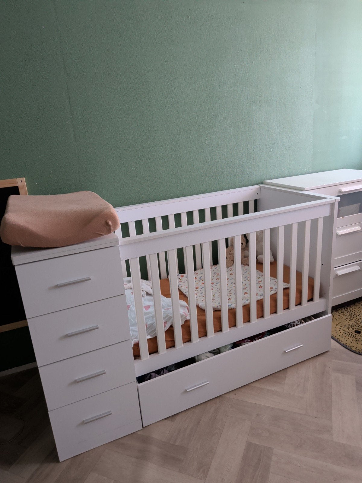 Born Lucky Combi Ledikant Memphis Wit - 3-in-1 Babybed, Ophalen, Gebruikt, 70 tot 85 cm, Matras
