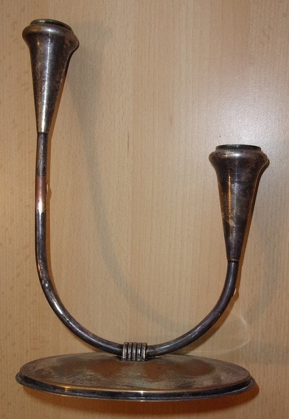 Kandelaar voor 2 kaarsen, verzilverd, hoog 22 cm, zie omschr, Ophalen of Verzenden, Gebruikt, Overige materialen, Kandelaar