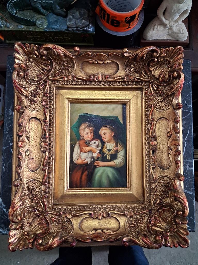 Olieverf Schilderij  Barokke Sierlijst "Meisjes met Konijn", Ophalen of Verzenden