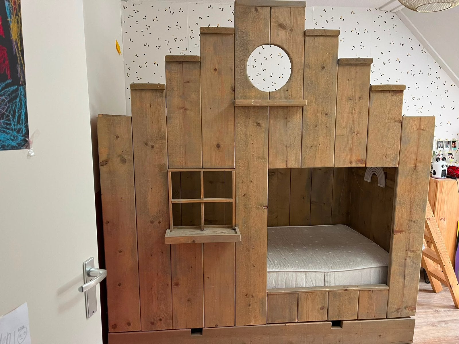 Steigerhouten bed met 3 slaapplaatsen, Ophalen, Gebruikt, Stapelbed