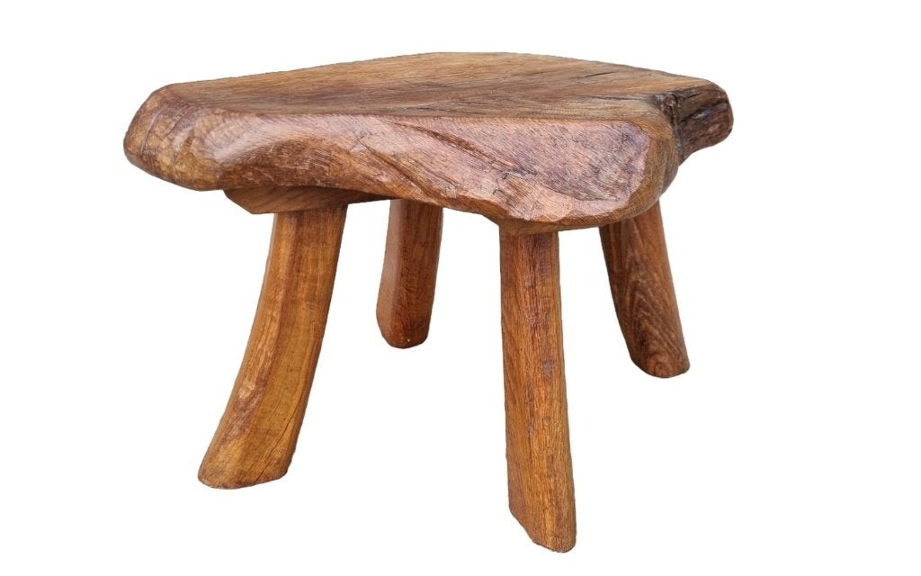 Mid-century handgesneden eiken kruk live edge jaren 50, Ophalen, Gebruikt, Hout
