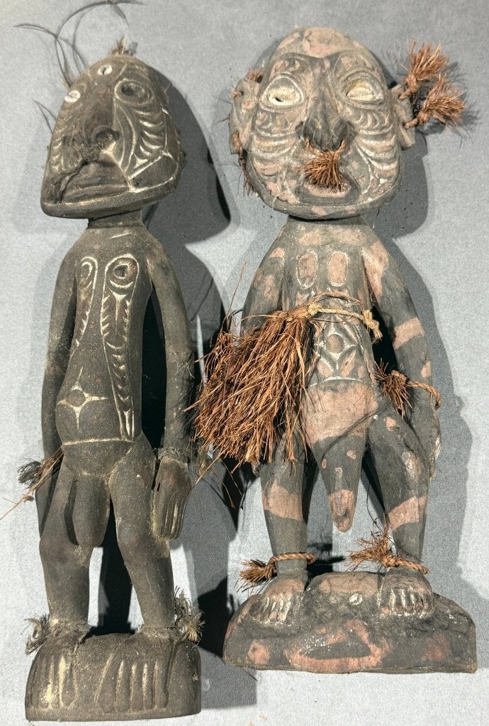 Twee geestfiguren uit het sepik mannenhuis papoea NG, Afrika, Ophalen of Verzenden, Beeld, 43 cm