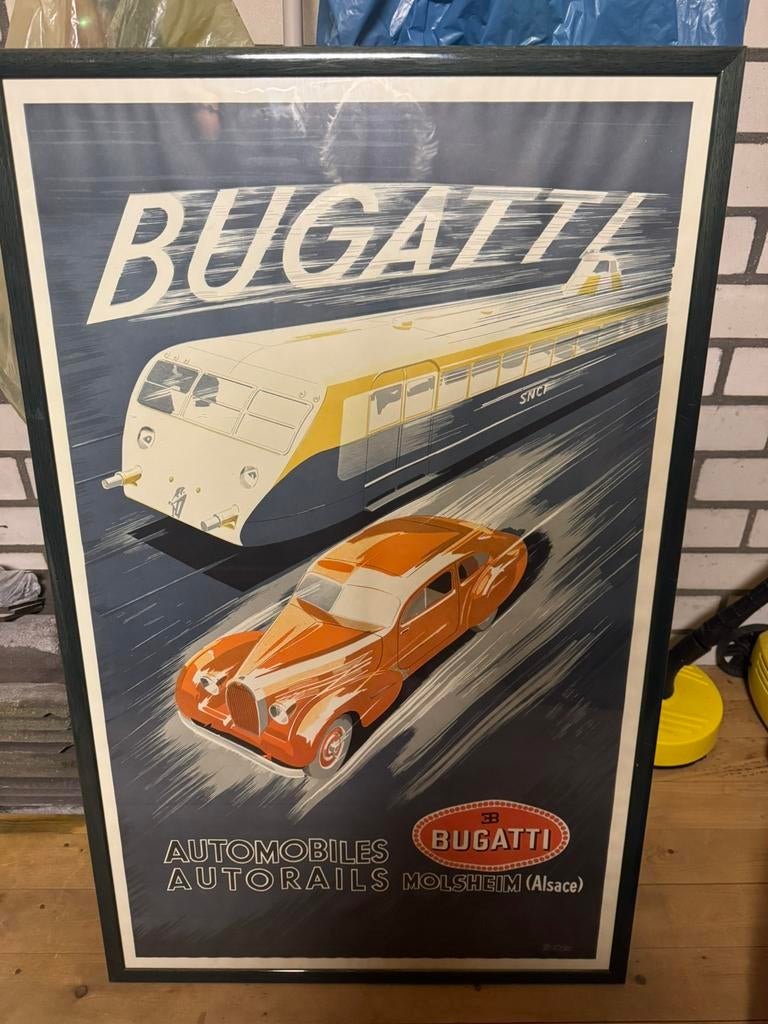 Bugatti poster in stevige lijst, Ophalen, Zo goed als nieuw, Reclamebord