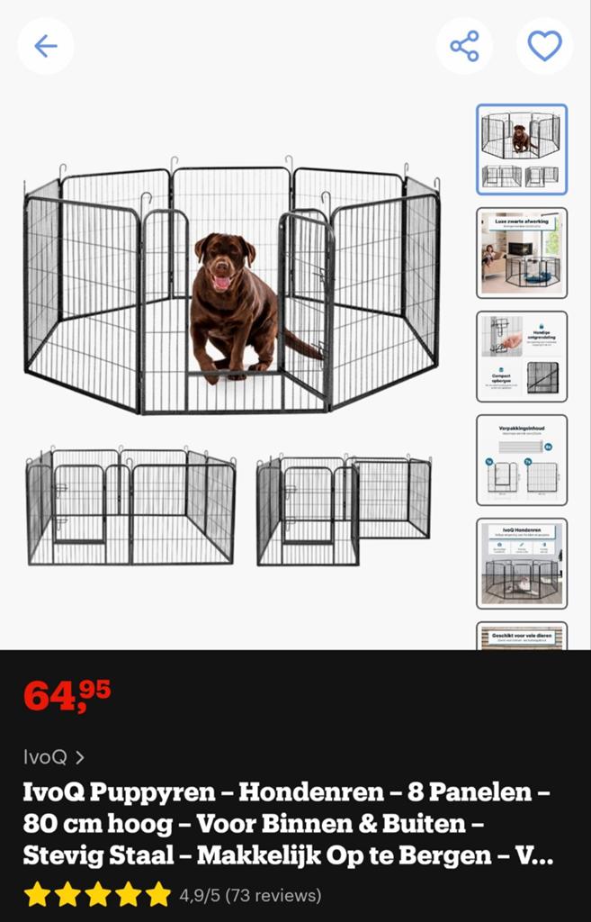 Nieuwe hondenren/puppyren 8 panelen van 80x80cm incl 1 deur, Ophalen, Nieuw, 110 cm of meer, 65 tot 100 cm