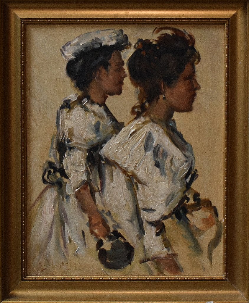 E.J.Ligtelijn, twee dienstmeiden., Antiek en Kunst, Kunst | Schilderijen | Klassiek, Paneel, Verzenden, Portret of Personen, Impressionistisch