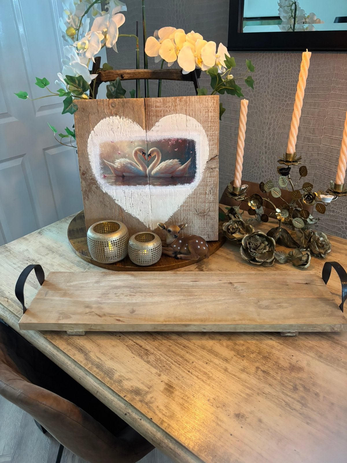 Dienblad langwerpig tray mangohout ijzer handvatten, Huis en Inrichting, Woonaccessoires | Dienbladen, Ophalen of Verzenden, Zo goed als nieuw