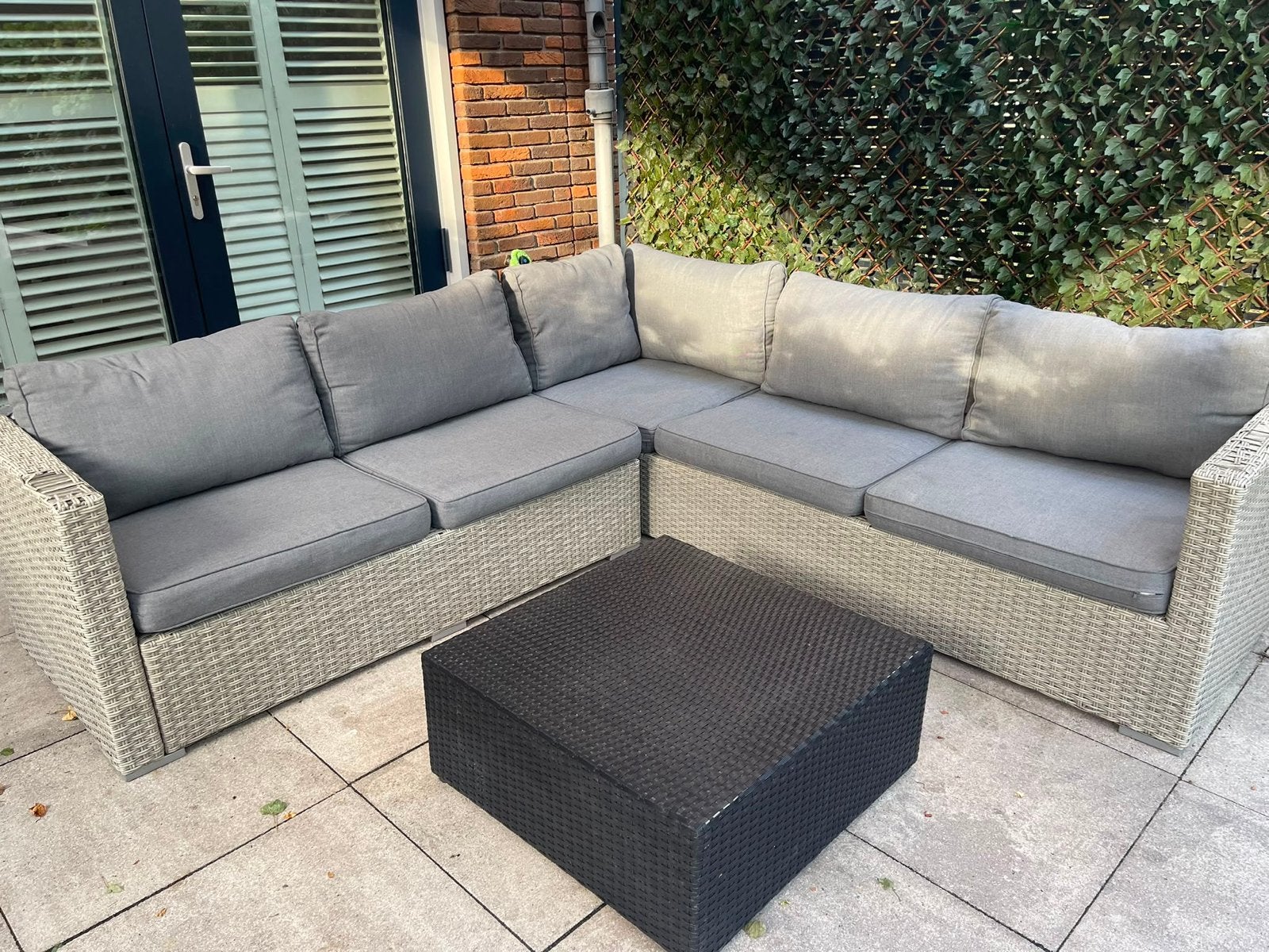 Wicker Loungeset met Hoekbank en Salontafel, Tuin en Terras, Tuinsets en Loungesets, Ophalen, 5 zitplaatsen, Gebruikt, Loungeset