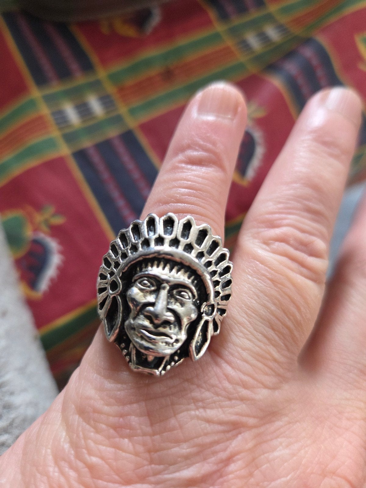 Stoere Indianen Hoofd Ring - Maat 17, Overige materialen, Ophalen of Verzenden, Zo goed als nieuw, 17 tot 18