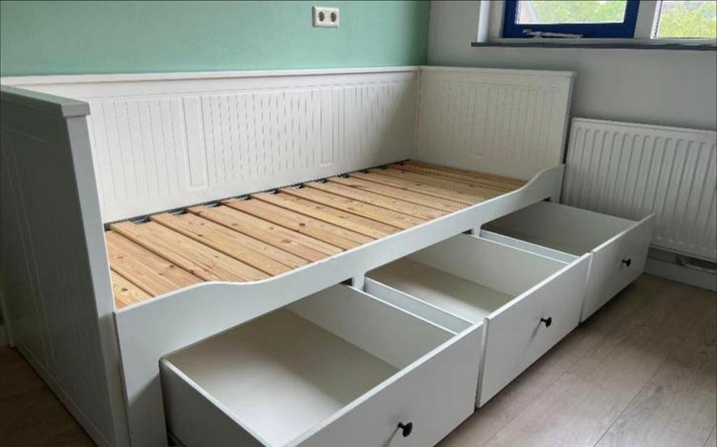 IKEA Hemnes bedbank met 3 lades en lattenbodem, Ophalen of Verzenden, Gebruikt, Tweepersoons, Wit