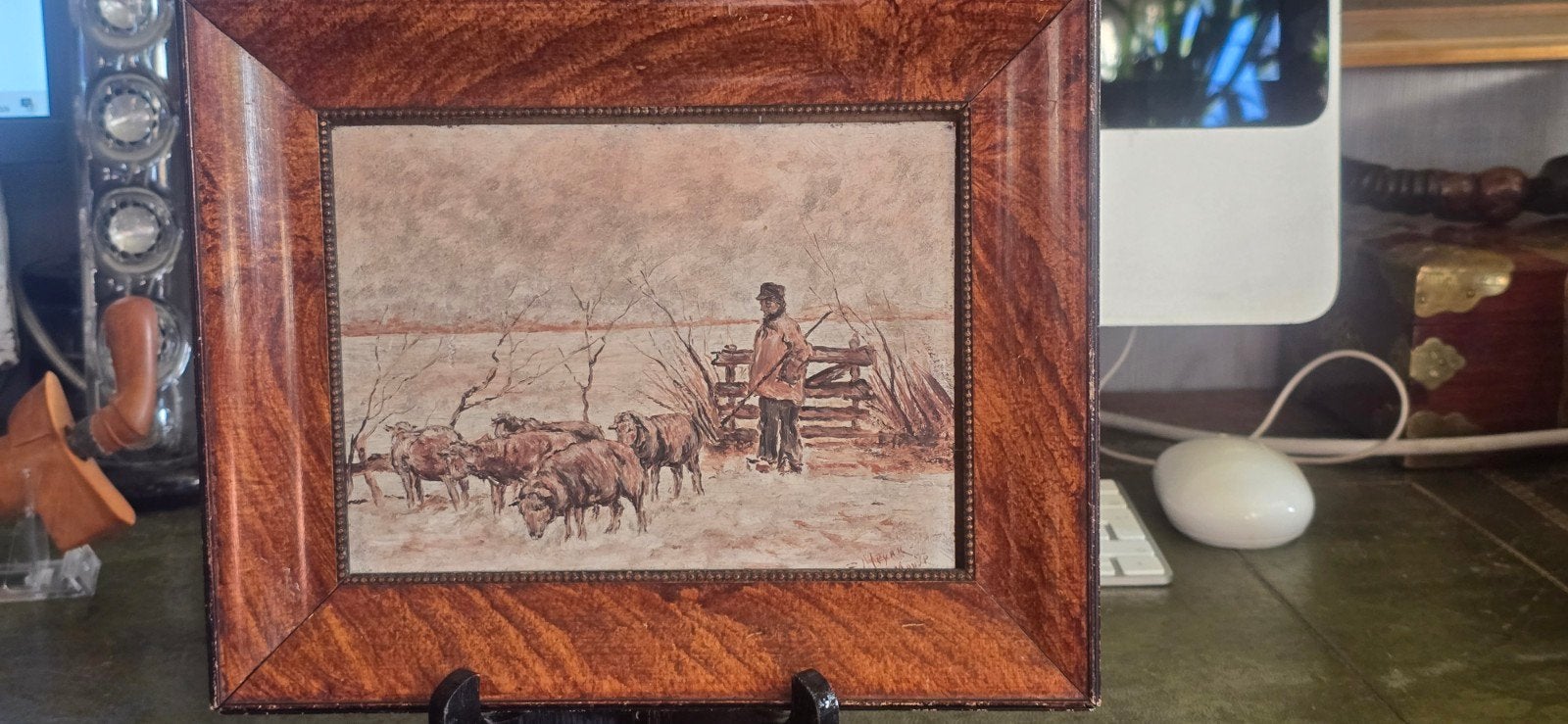 Anton Mauve - Herder met schapen in winters landschap, Paneel, Gesigneerd, Realistisch, Dieren
