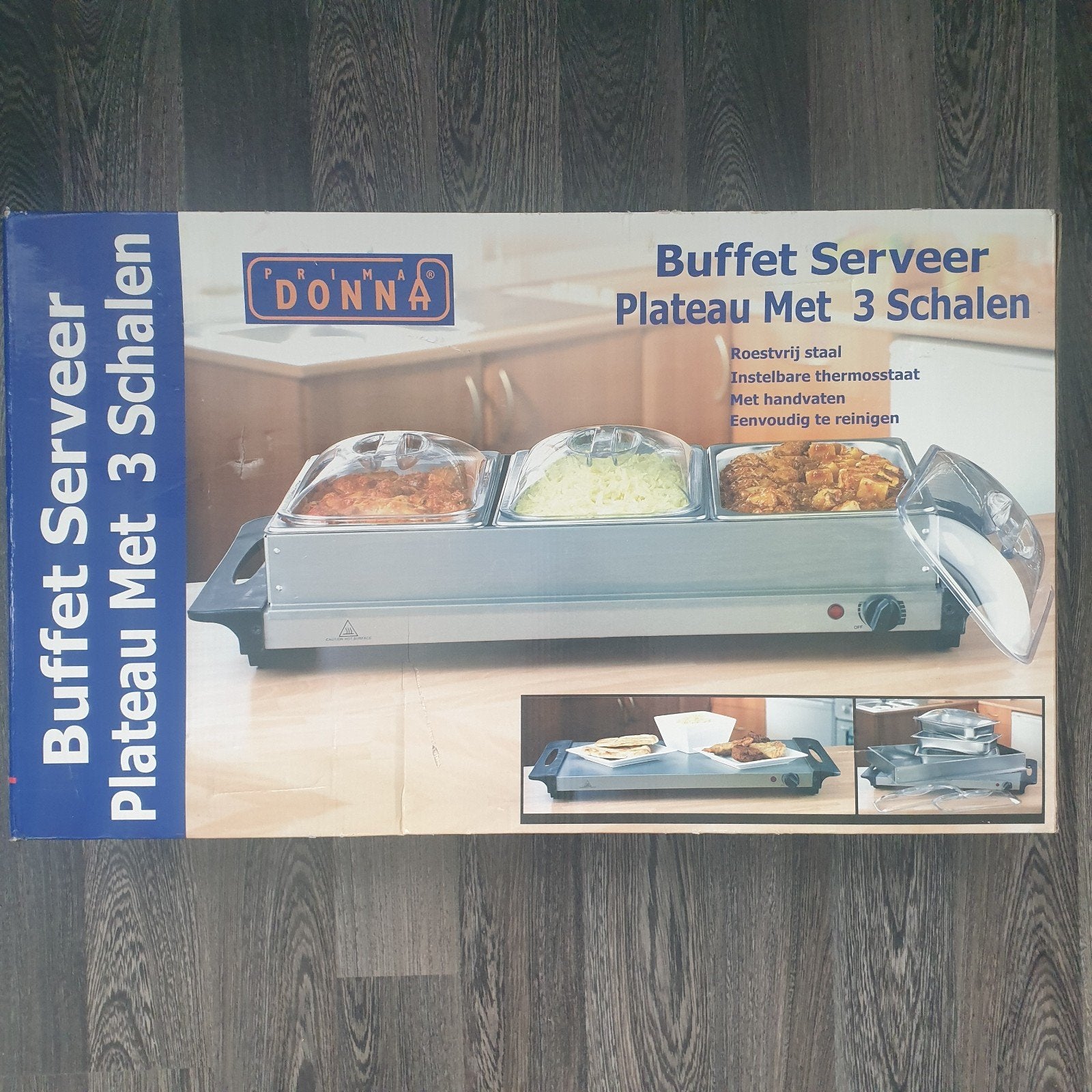 Prima Donna Buffet-Serveer plateau met rechaud, 3 pannen, Huis en Inrichting, Keuken | Keukenbenodigdheden, Overige typen, Ophalen of Verzenden