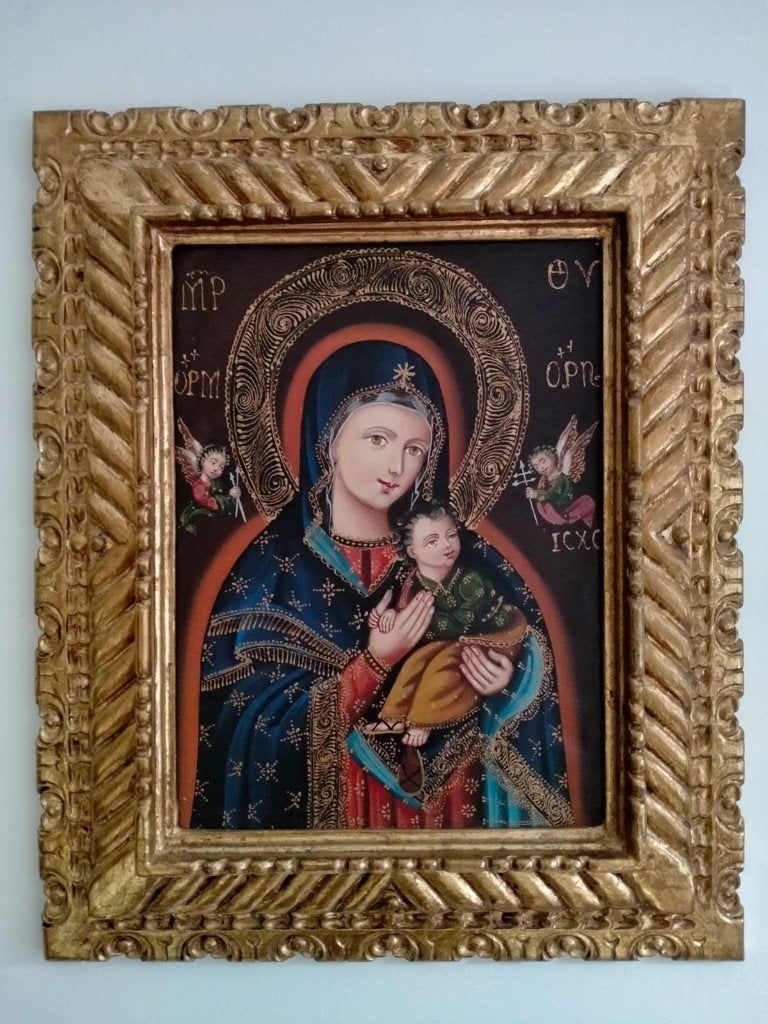 Maria met het kindje Jezus in goudkleurige baroklijst, Verzamelen, Ophalen, Zo goed als nieuw, Kaart of Prent, Christendom | Katholiek