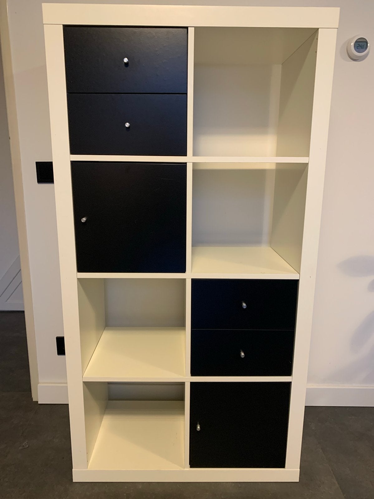 IKEA Kallax Kast met Zwarte Lades en Deurtjes, Ophalen, Gebruikt, 100 tot 150 cm, 50 tot 100 cm