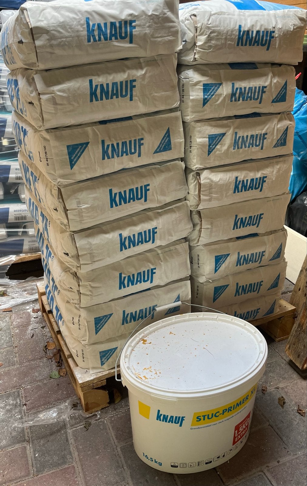 Knauf MP 75 pleister en Knauf Stuc-Primer, Ophalen, Wit, Nieuw, Verf
