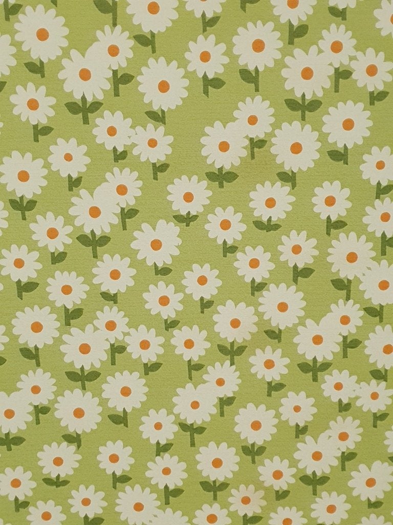 13706 Seventies margriet behang in groen en oranje swiet, Ophalen of Verzenden, Groen