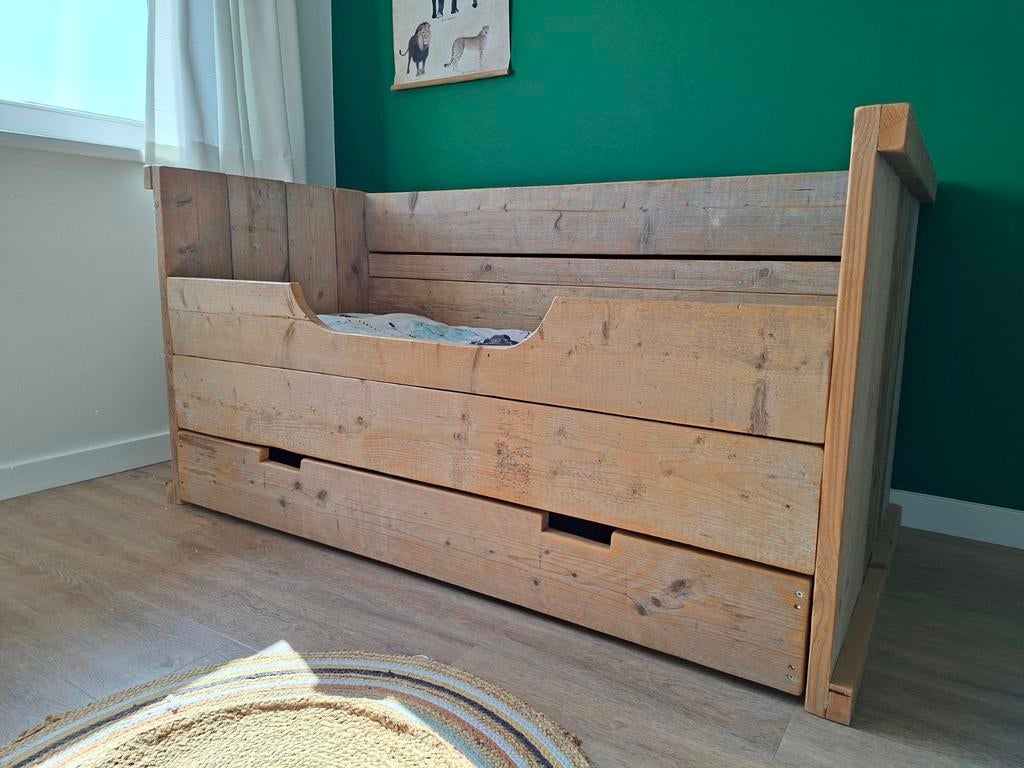 Steigerhouten kinderbed met lade - 160x70 cm, Ophalen, 85 tot 100 cm, Gebruikt, Matras