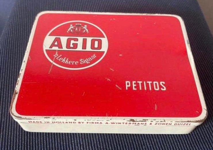 Blikje van Agio Petitos. Afm. 12,5x10x2,5 cm., Ophalen of Verzenden, Gebruikt, Overige, Overige merken
