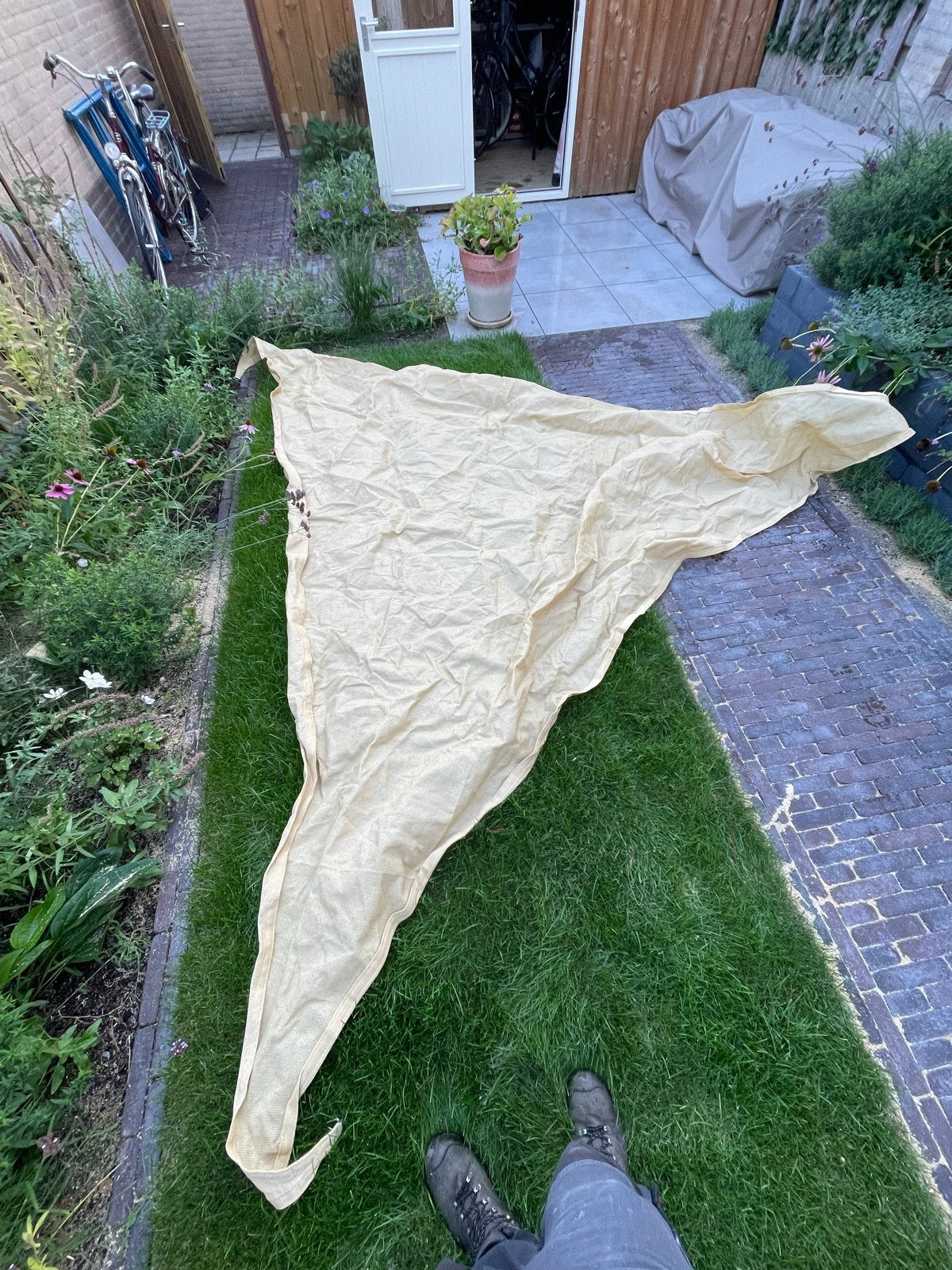 Schaduwdoek driehoek, ca. 3,50 m - Beige, Ophalen of Verzenden, Gebruikt