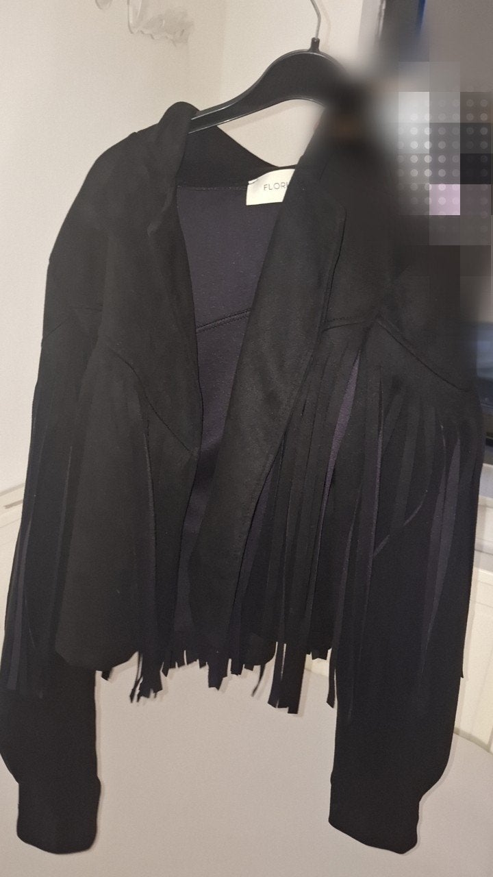 Zwart suède-look jasje met franjes - Maat S, Kleding | Dames, Jassen | Zomer, Ophalen, Gedragen, Maat 36 (S), Zwart