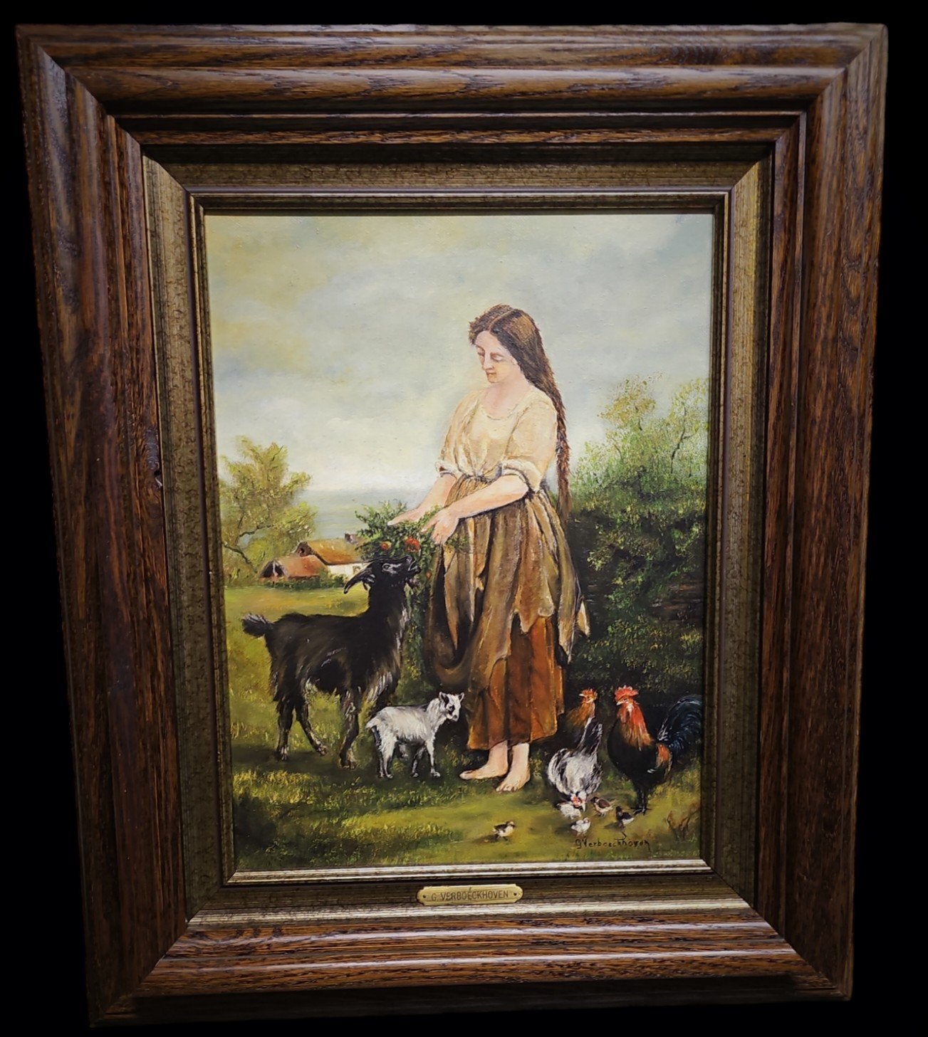Olieverfschilderij: Meisje met geiten en kippen, Ophalen of Verzenden