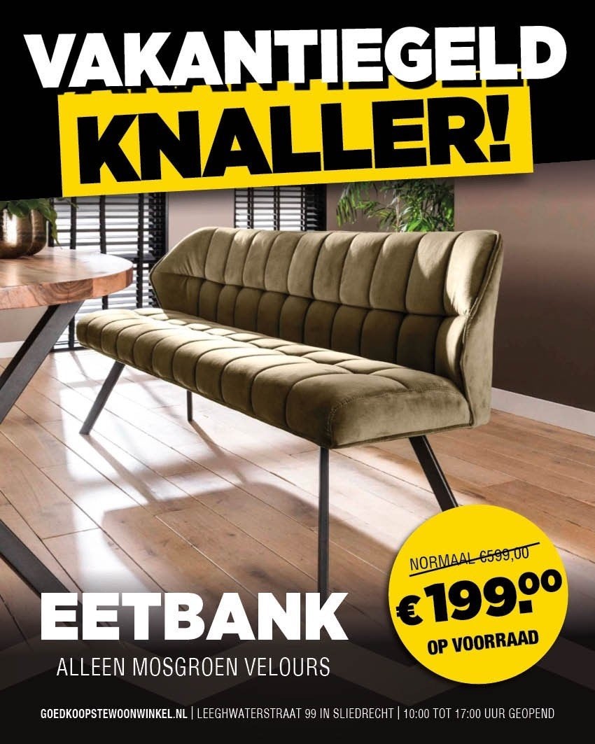 Opkoop partij eetbank mosgroen velours - Nu 199!, Ophalen of Verzenden, Nieuw, Stof, Modern, industrieel