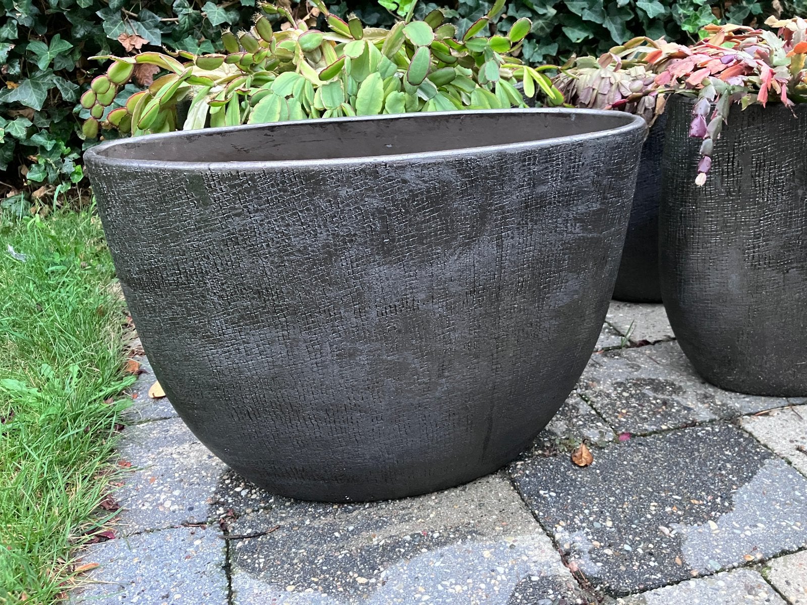 4 grote ovale bloempotten voor binnen kleur donkerbruin, Ophalen, Steen, Zo goed als nieuw, Binnen