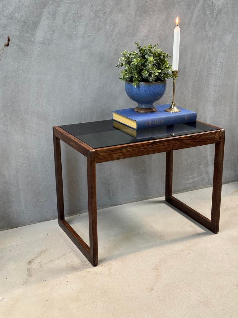 Vintage bijzettafel met rookglas tafelblad, Ophalen, Q, Minder dan 50 cm, Zo goed als nieuw