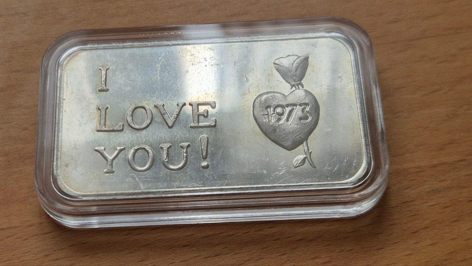 1 oz Silver Art Bar; I Love You, 1973! Zeldzaam, Zilverbaar., Verzenden, Zilver