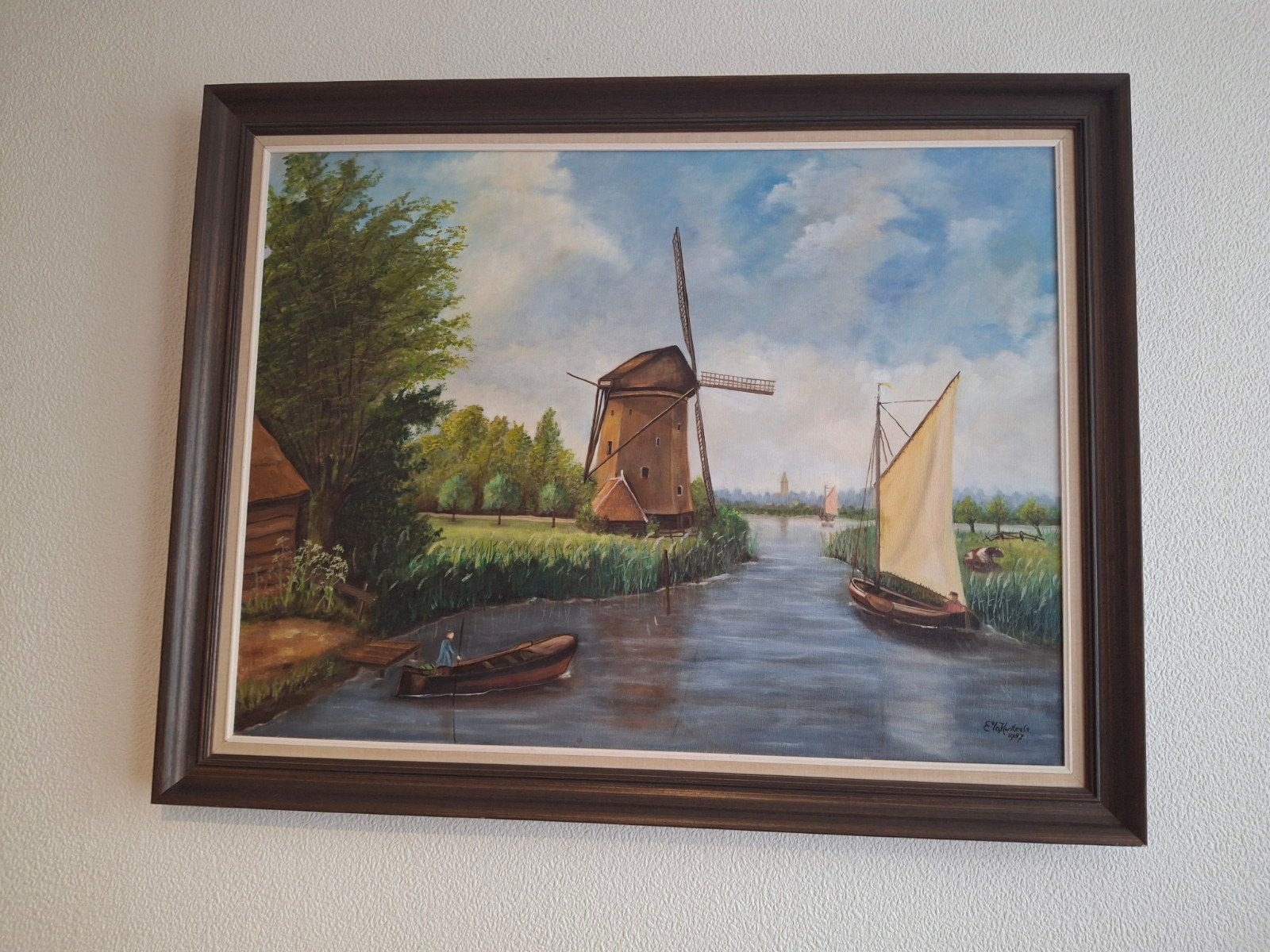 Schilderij Hollandse molen en zeilboot, gesigneerd 1987, Ophalen