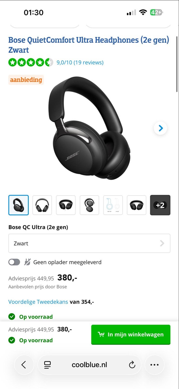 Bose QuietComfort Ultra Hoofdtelefoon (2e gen) Zwart, Audio, Tv en Foto, Koptelefoons, Bluetooth, Ophalen of Verzenden, Zo goed als nieuw