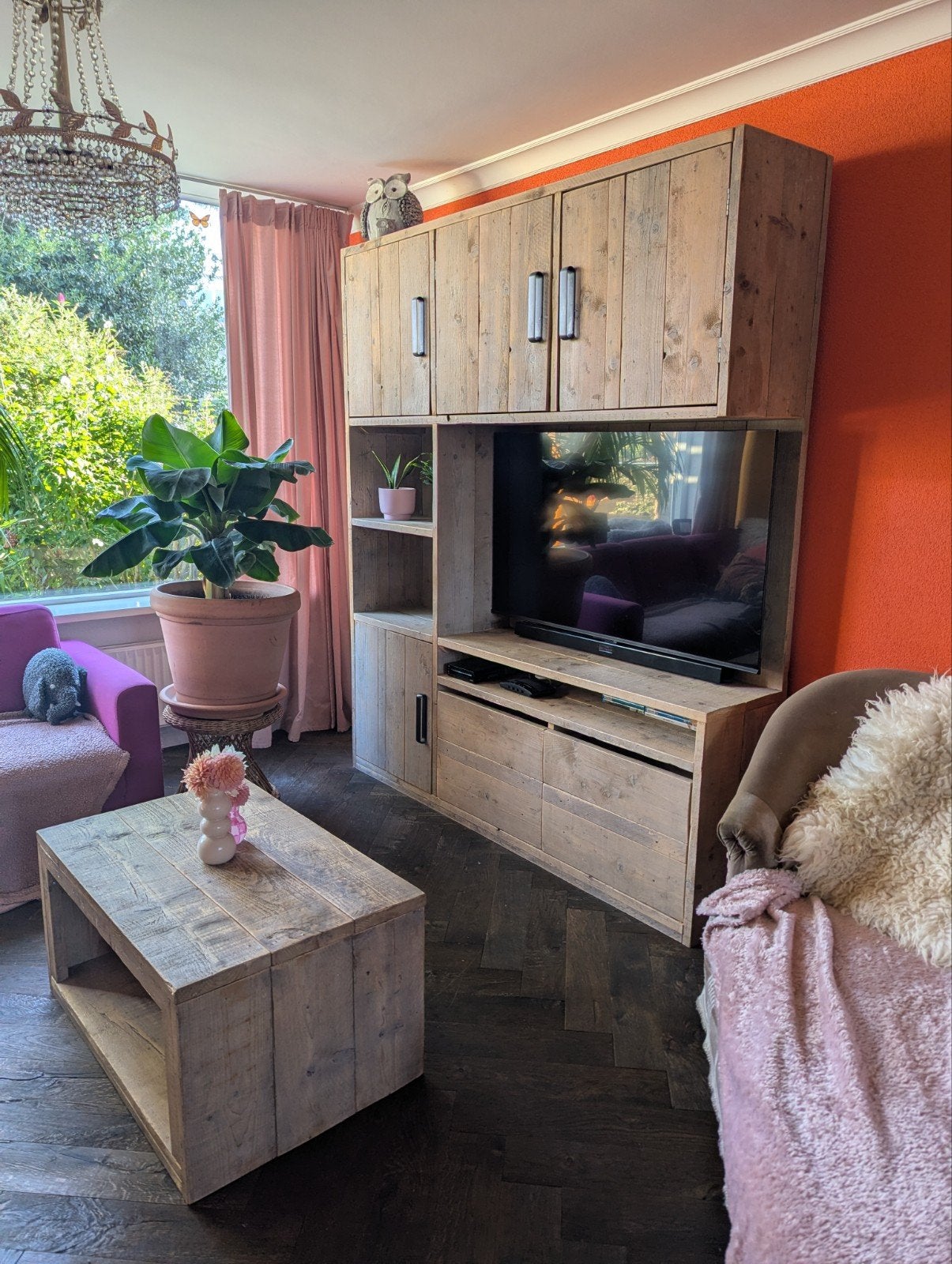Steigerhouten wandkast en salontafel set - Zo goed als nieuw, Ophalen, 200 cm of meer, 150 tot 200 cm, Zo goed als nieuw