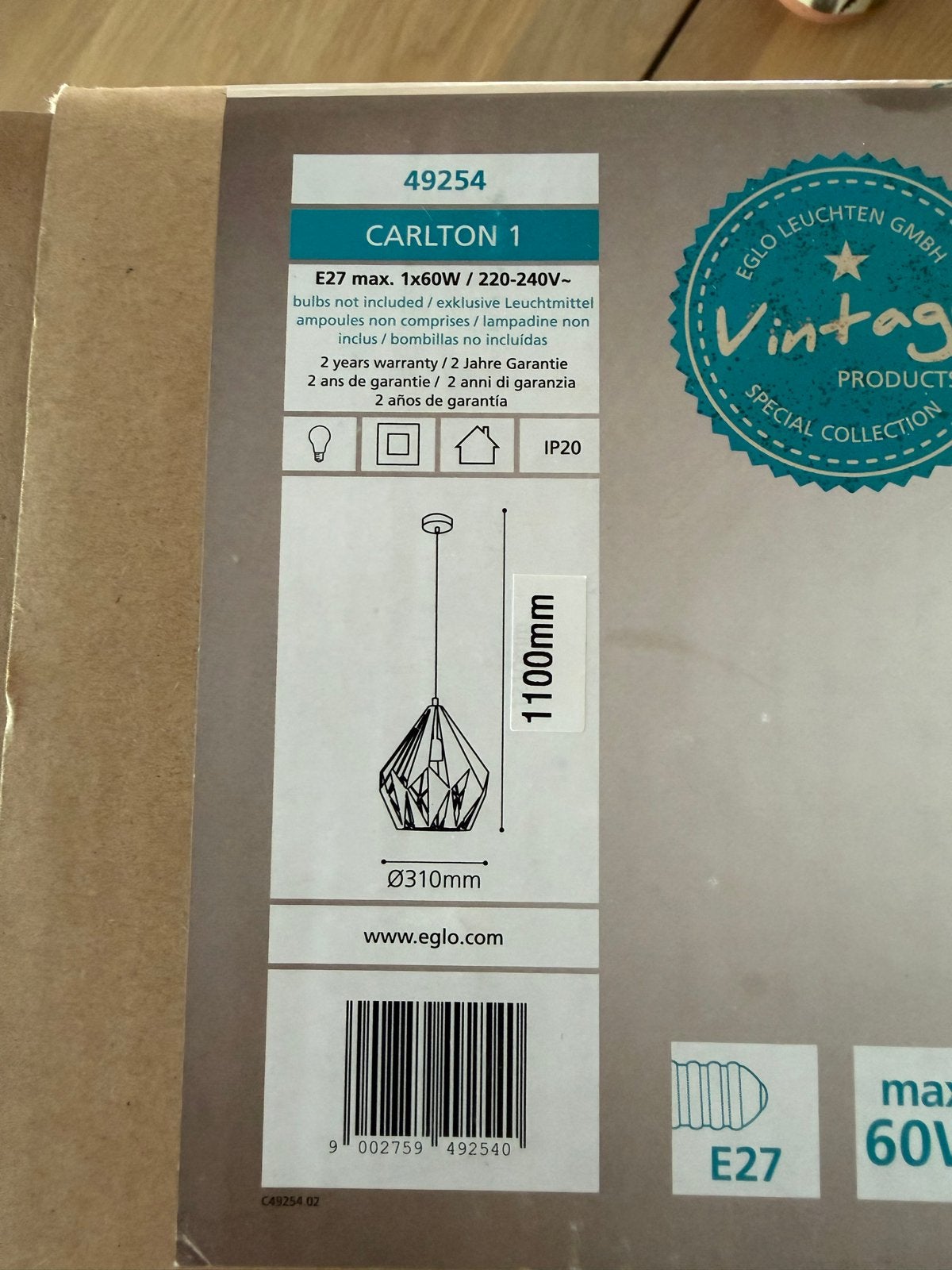 Nieuwe EGLO Carlton 1 Hanglamp - Zwart/Hout Design, Ophalen of Verzenden, Nieuw, Hout