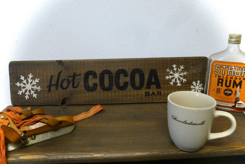 Handgeschilderd Après Ski bord /Hot Cocoa Bar/chocolade melk, Hout, Vintage, 13 cm, Ophalen of Verzenden