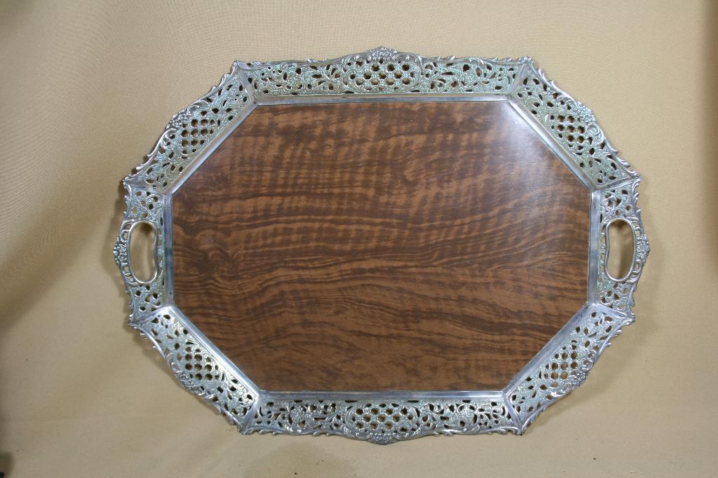 Houten dienblad met opengewerkt verzilverde rand, Antiek en Kunst, Ophalen of Verzenden