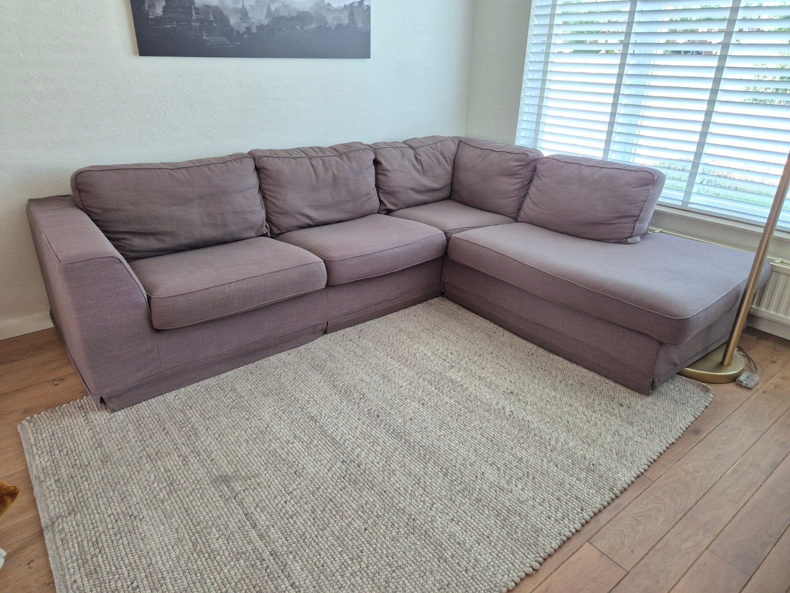 Comfortabele hoekbank stof taupe Trendhopper, Huis en Inrichting, Banken | Bankstellen, Gebruikt, Hoekbank, Vierpersoons of meer