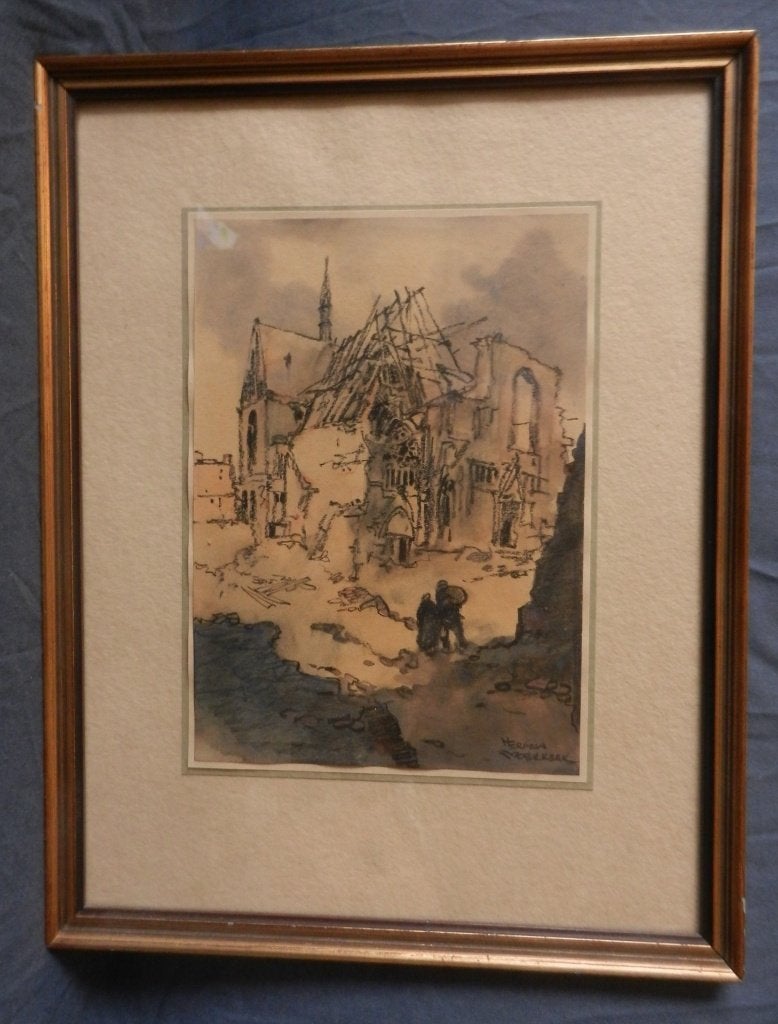 Aquarel Verwoeste Kerk Nijmegen? Herman Moerkerk (1879-1949), Antiek en Kunst, Kunst | Tekeningen en Foto's, Ophalen of Verzenden