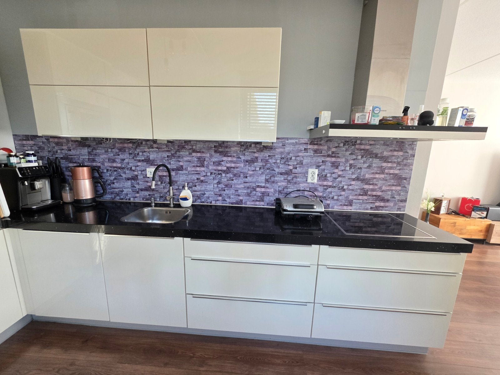 Moderne keuken 3m met composiet blad en apparatuur, Ophalen, Zwart, Enkelwandige keuken, Composiet