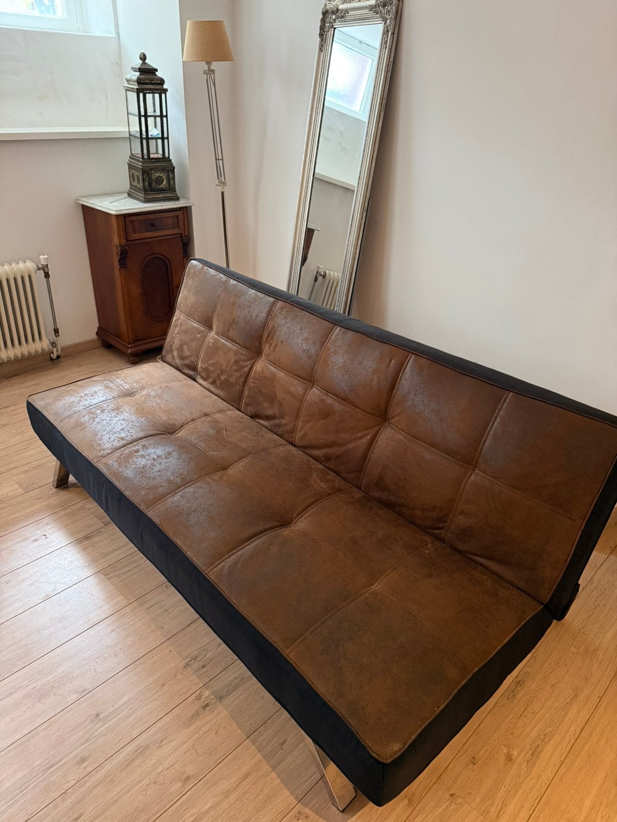Bruin/zwarte slaapbank te koop, Ophalen, Bruin, Tweepersoons, 190 cm of minder