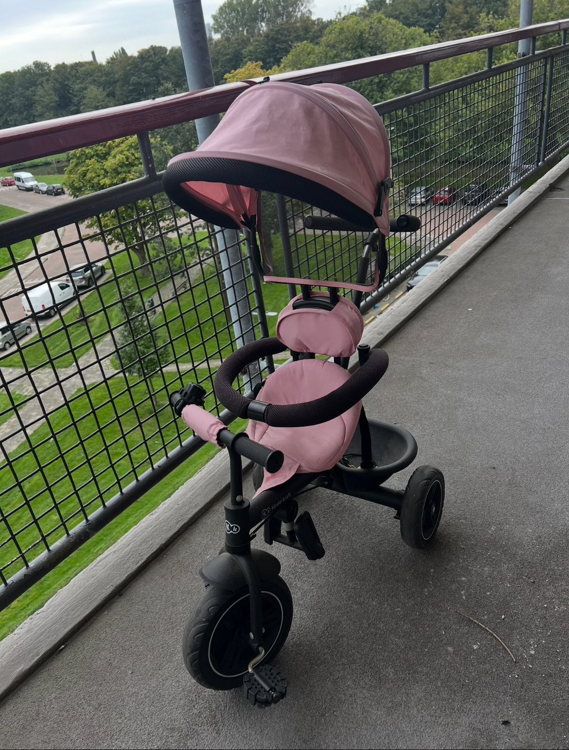 Roze driewieler met duwstang en zonnekap, Ophalen, Gebruikt, Terugtraprem, Duwstang