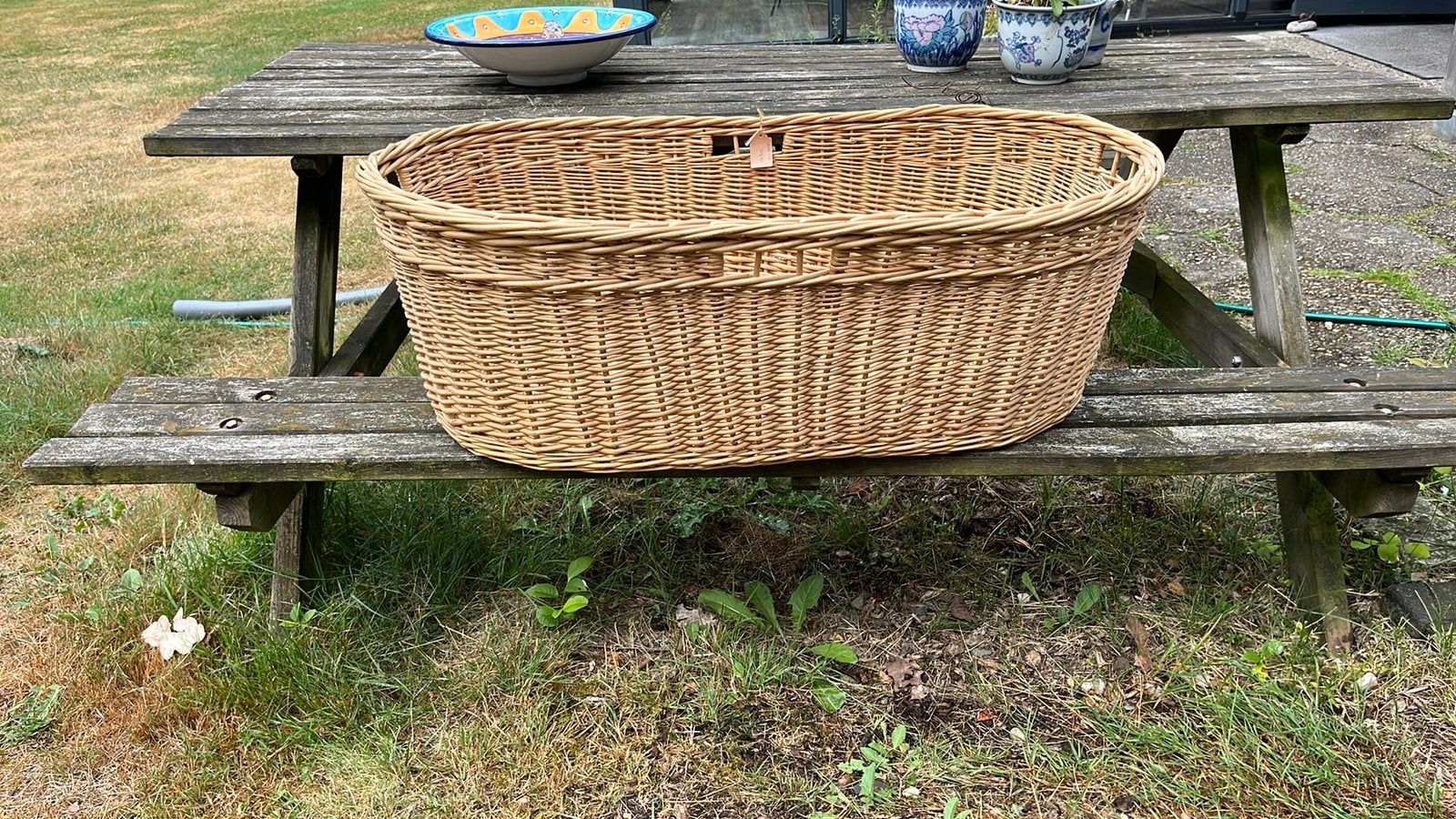 Vintage Grote rieten wasmand (scandinavisch), Ophalen, Zo goed als nieuw, Rechthoekig, Riet