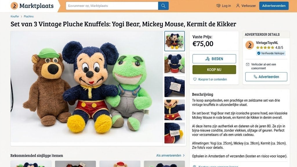 Unieke set vintage knuffels (Mickey, Yogi Bear & Kermit), Kinderen en Baby's, Disney, Disney, Overige typen, Ophalen of Verzenden